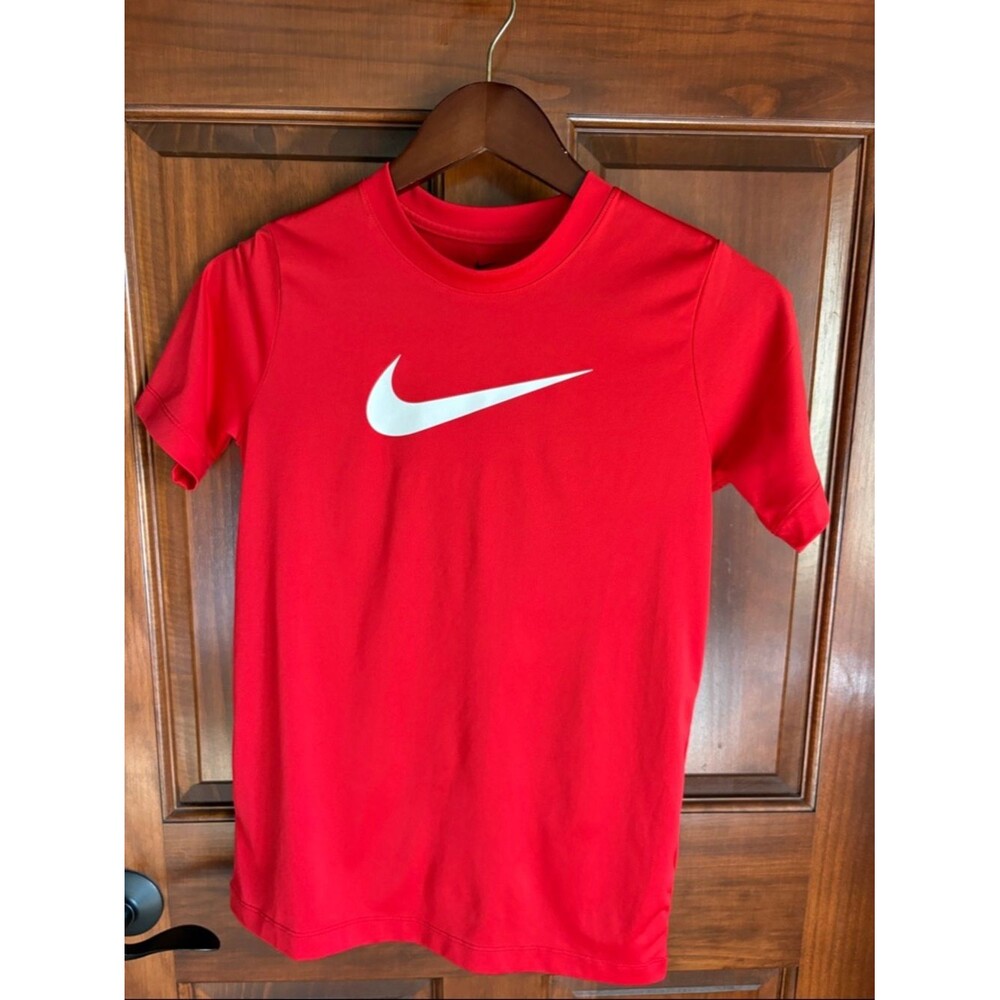 Nike Red Short Sleeve Performance Tee with White Swoosh-Boys Large